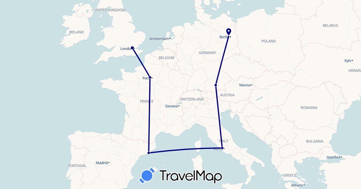 TravelMap itinerary: driving in Germany, Spain, France, United Kingdom, Italy (Europe)